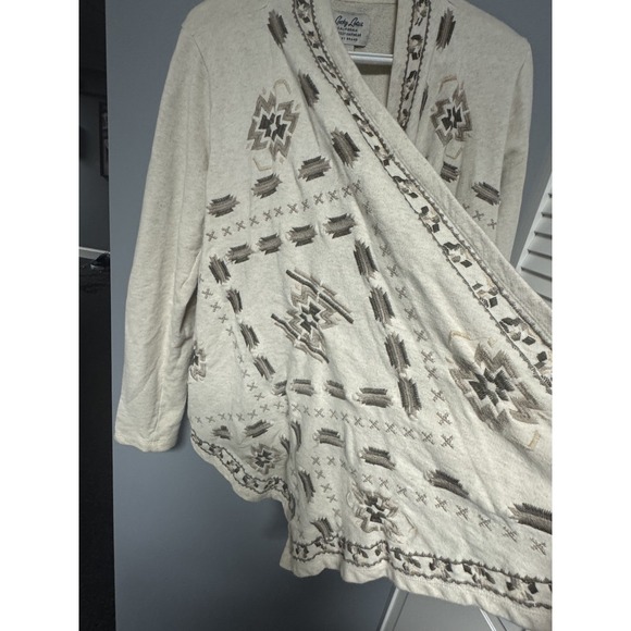 Lucky Brand Lucky Lotus Beige Cream Aztec Embroidered Knit Wrap Cardigan‎ L - Picture 5 of 7